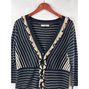 Cabi Black & Beige Striped Cardigan Sweater Medium 3/4 Sleeve Ruffle Trim V-Neck